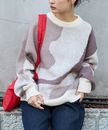 モヘアタッチマーブル柄オーバーサイズクルーネックニットアイボリー系