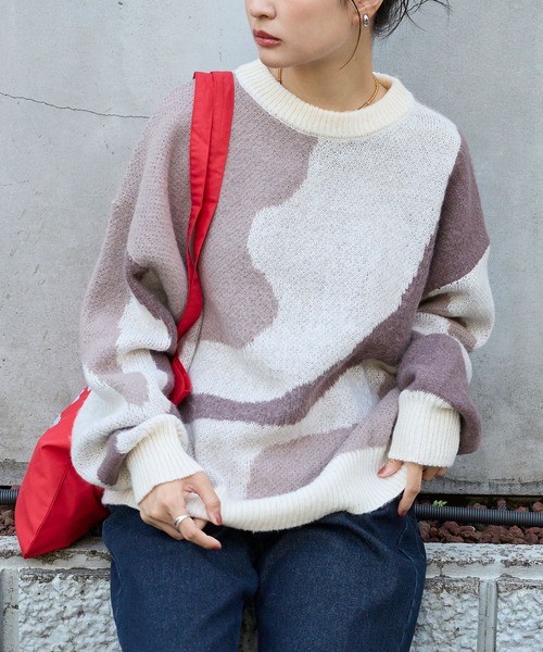 その他ブランド / ニット・セーター(厚手)/2/モヘア/BLK/無地 セール】モヘアタッチマーブル柄オーバーサイズクルーネックニット