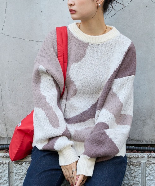 セール】モヘアタッチマーブル柄オーバーサイズクルーネックニット