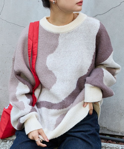 モヘアタッチマーブル柄オーバーサイズクルーネックニット MONO-MART