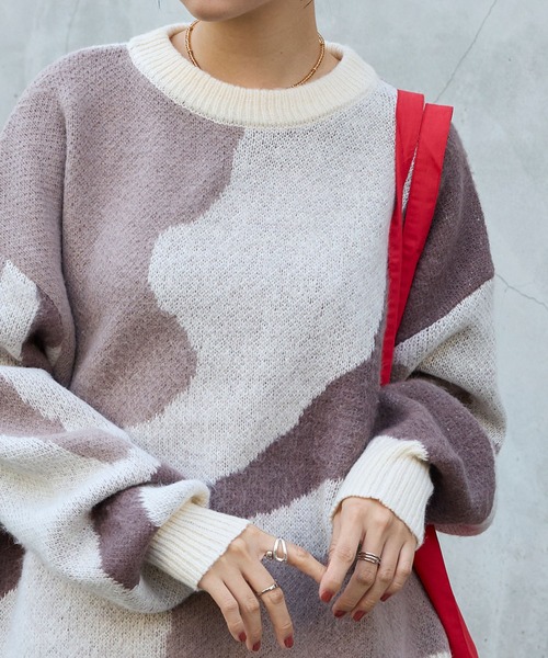 セール】モヘアタッチマーブル柄オーバーサイズクルーネックニット