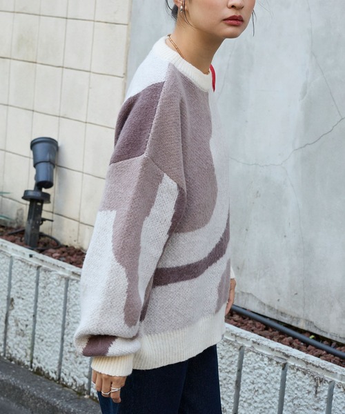セール】モヘアタッチマーブル柄オーバーサイズクルーネックニット