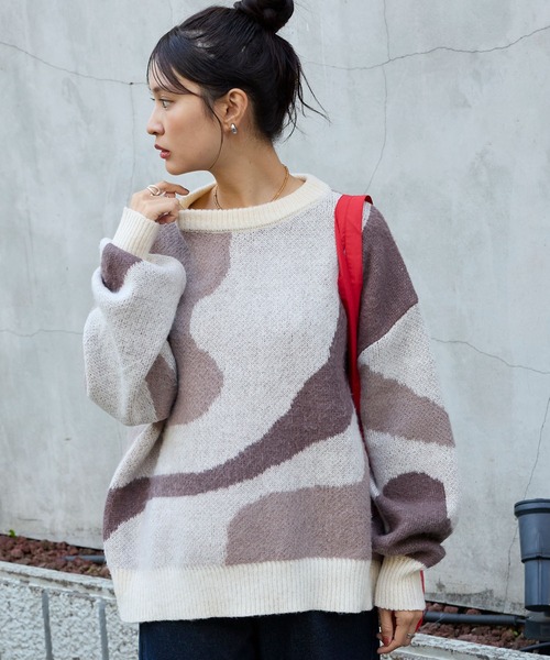 モヘアタッチマーブル柄オーバーサイズクルーネックニット MONO-MART