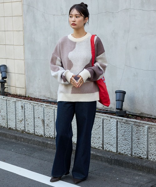 モヘアタッチマーブル柄オーバーサイズクルーネックニット MONO-MART