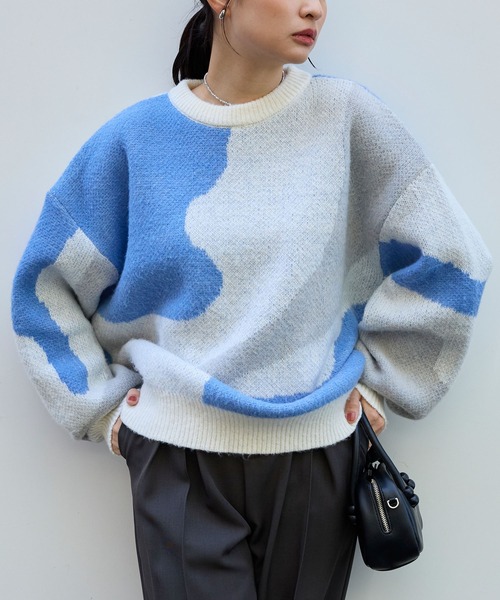mao.ページ モヘアタッチマーブル柄オーバーサイズクルーネックニット MONO-MART