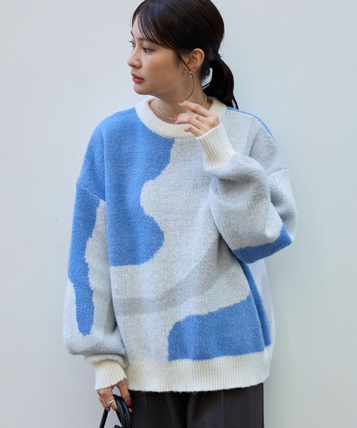 セール】モヘアタッチマーブル柄オーバーサイズクルーネックニット