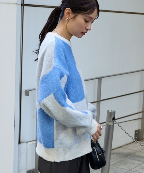 モヘアタッチマーブル柄オーバーサイズクルーネックニット MONO-MART