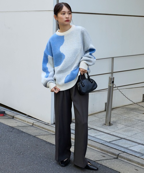 モヘアタッチマーブル柄オーバーサイズクルーネックニット MONO-MART