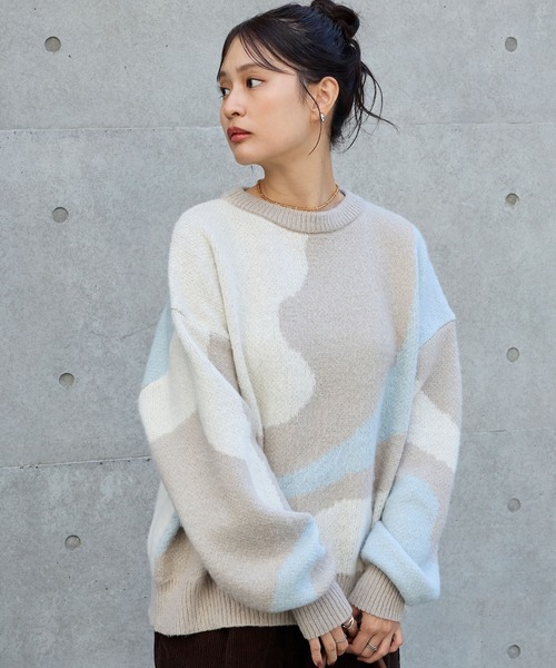 モヘアタッチマーブル柄オーバーサイズクルーネックニット MONO-MART