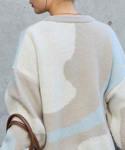 モヘアタッチマーブル柄オーバーサイズクルーネックニット MONO-MART