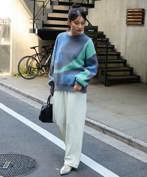 モヘアタッチマーブル柄オーバーサイズクルーネックニット MONO-MART