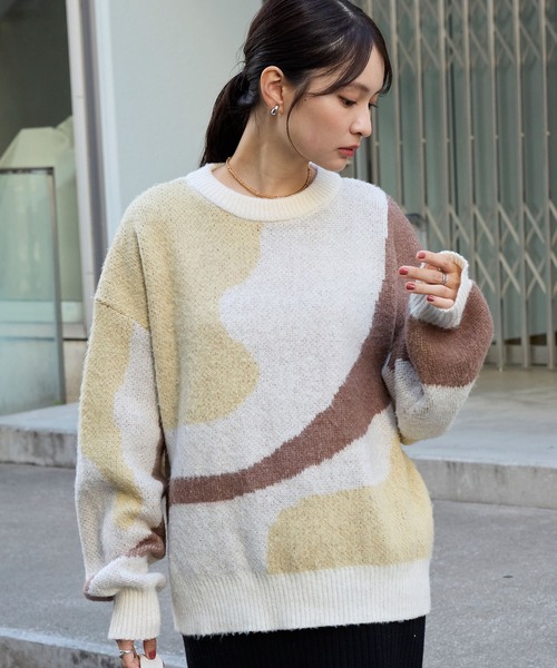 モヘアタッチマーブル柄オーバーサイズクルーネックニット MONO-MART