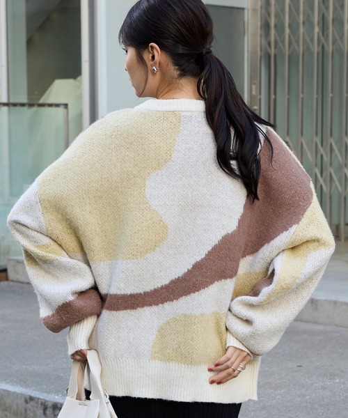 モヘアタッチマーブル柄オーバーサイズクルーネックニット MONO-MART