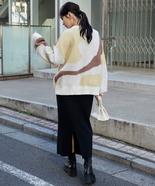 モヘアタッチマーブル柄オーバーサイズクルーネックニット MONO-MART