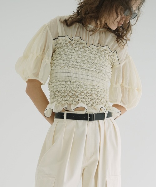 CLANE COLOR STITCHED SHIRRING TOPS ブラウス クラネ CLANE COLOR STITCHED SHIRRING TOPS （BEIGE