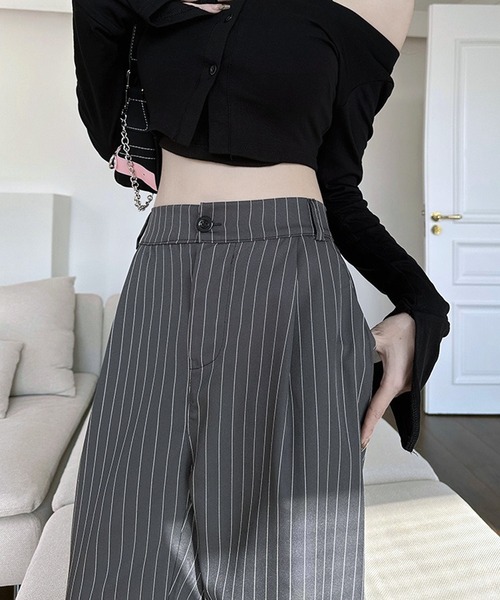 VIBGYOR（ヴィブジョー）の「美脚ストライプワイドパンツ／きれいめルーズシルエット(CZ)（その他パンツ・レディース・グレー/ネイビー/ブラック・LARGE/MEDIUM）」の3枚目の写真