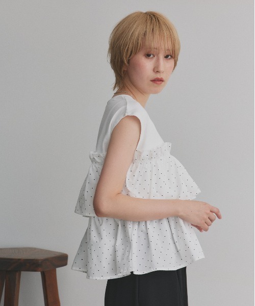 ad thie(アドティエ)の「ポルカドット ティアードフリルトップス(Tシャツ/カットソー・レディース・オフホワイト/ブラック・FREE)」の3枚目の写真