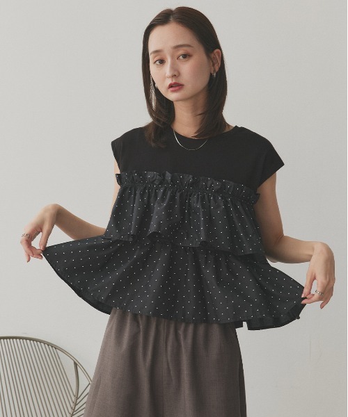 ad thie(アドティエ)の「ポルカドット ティアードフリルトップス(Tシャツ/カットソー・レディース・オフホワイト/ブラック・FREE)」の6枚目の写真