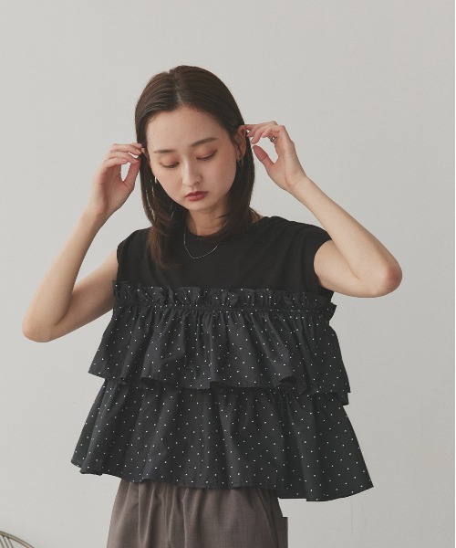 ad thie(アドティエ)の「ポルカドット ティアードフリルトップス(Tシャツ/カットソー・レディース・オフホワイト/ブラック・FREE)」の7枚目の写真