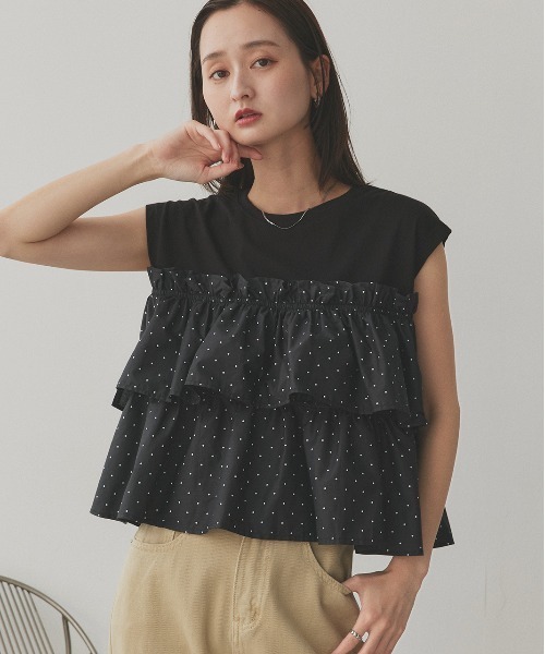 ad thie(アドティエ)の「ポルカドット ティアードフリルトップス(Tシャツ/カットソー・レディース・オフホワイト/ブラック・FREE)」の14枚目の写真