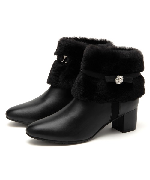 JELLY BEANS（ジェリービーンズ）の「4WAYファービジューリボンベルトショートブーツ(204-57123)JELLY BEANS(ジェリービーンズ)（ブーツ・レディース・ブラック/グレー/ブラック系・S/L/M）」の4枚目の写真