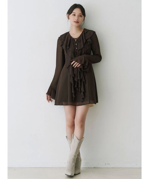 MERCURYDUO フリルミニワンピース M ブラウン セール】ラッフルフリルミニワンピース（ワンピース）｜MERCURYDUO
