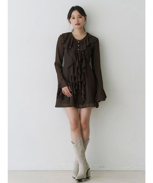 MERCURYDUO（マーキュリーデュオ）の「ラッフルフリルミニワンピース（ワンピース・レディース・ブラウン/ベビーピンク/アイボリー・MEDIUM/SMALL）」の10枚目の写真