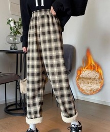 裏起毛パンツ チェック柄パンツ ワイドパンツ レディース ストレート