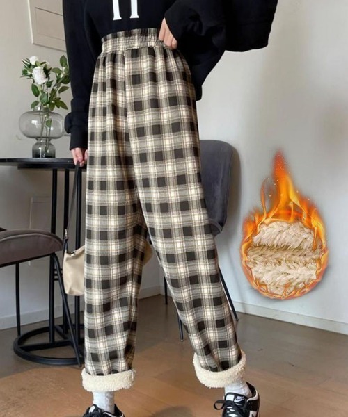 shoppinggo(ショッピングゴー)の「裏起毛パンツ チェック柄パンツ ワイドパンツ レディース ストレート(その他パンツ・レディース・ブラウン/ホワイト/キャメル/ブラック・FREE)」の1枚目の写真