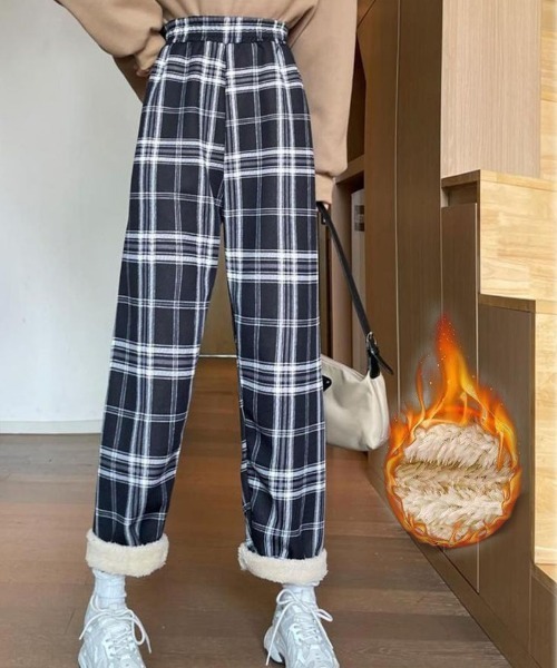 shoppinggo(ショッピングゴー)の「裏起毛パンツ チェック柄パンツ ワイドパンツ レディース ストレート(その他パンツ・レディース・ブラウン/ホワイト/キャメル/ブラック・FREE)」の3枚目の写真