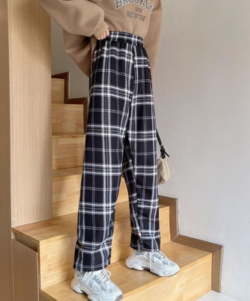 shoppinggo(ショッピングゴー)の「裏起毛パンツ チェック柄パンツ ワイドパンツ レディース ストレート(その他パンツ・レディース・ブラウン/ホワイト/キャメル/ブラック・FREE)」の8枚目の写真