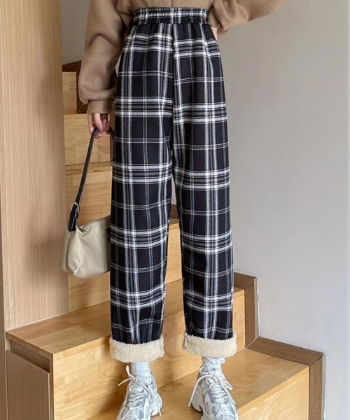 shoppinggo(ショッピングゴー)の「裏起毛パンツ チェック柄パンツ ワイドパンツ レディース ストレート(その他パンツ・レディース・ブラウン/ホワイト/キャメル/ブラック・FREE)」の9枚目の写真