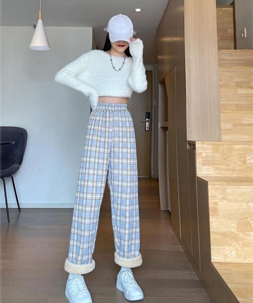 shoppinggo(ショッピングゴー)の「裏起毛パンツ チェック柄パンツ ワイドパンツ レディース ストレート(その他パンツ・レディース・ブラウン/ホワイト/キャメル/ブラック・FREE)」の11枚目の写真