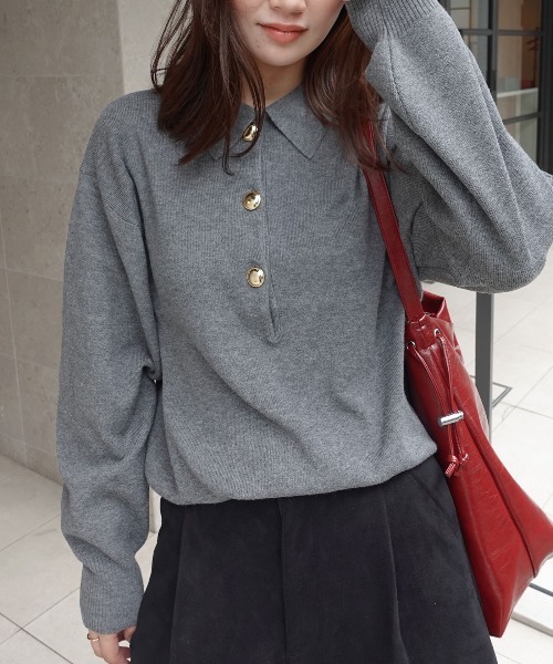 CORNERS（コーナーズ）の「金ボタンポロニット（ニット/セーター・レディース・アイボリー/ブラック/ライトベージュ/ブラウン/グレー・M）」の3枚目の写真