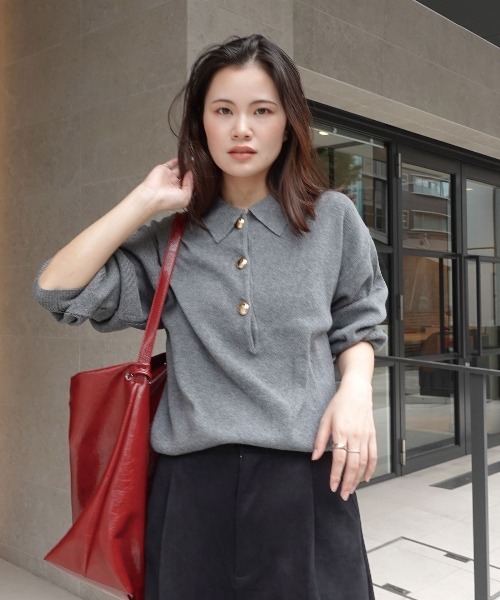 CORNERS（コーナーズ）の「金ボタンポロニット（ニット/セーター・レディース・アイボリー/ブラック/ライトベージュ/ブラウン/グレー・M）」の8枚目の写真