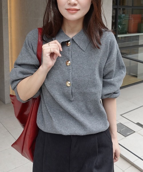CORNERS（コーナーズ）の「金ボタンポロニット（ニット/セーター・レディース・アイボリー/ブラック/ライトベージュ/ブラウン/グレー・M）」の7枚目の写真