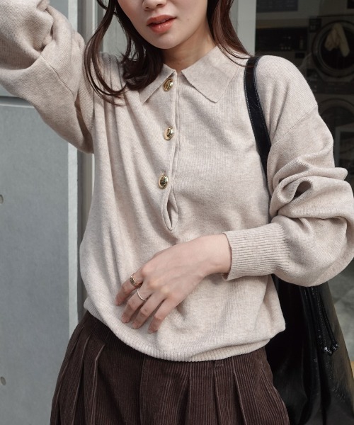 CORNERS（コーナーズ）の「金ボタンポロニット（ニット/セーター・レディース・アイボリー/ブラック/ライトベージュ/ブラウン/グレー・M）」の13枚目の写真