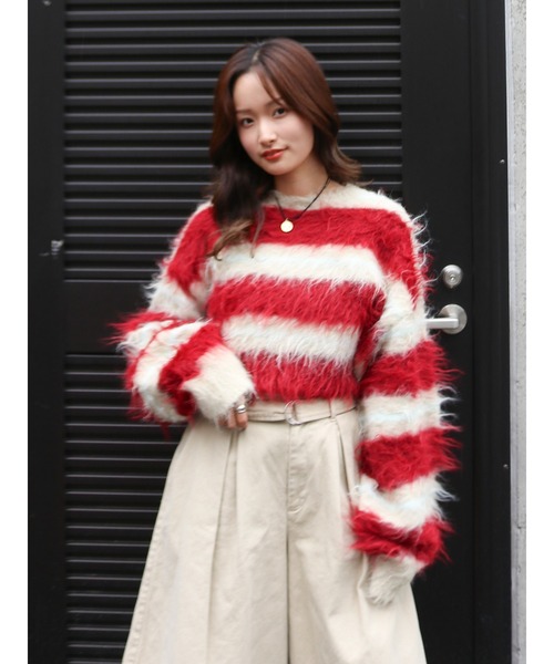 Ungrid(アングリッド)の「シャギーボーダールーズニット(ニット/セーター・レディース・グリーン/レッド/ブラック・FREE)」の3枚目の写真