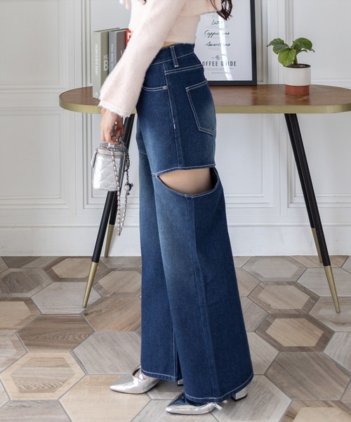 clear（クリア）の「【低身長用サイズ有】サイドスリットスラブワイドデニムパンツ［大人 カジュアル 着回し力抜群］（その他パンツ・レディース・ブルー/ネイビー・PS/S/M）」の4枚目の写真