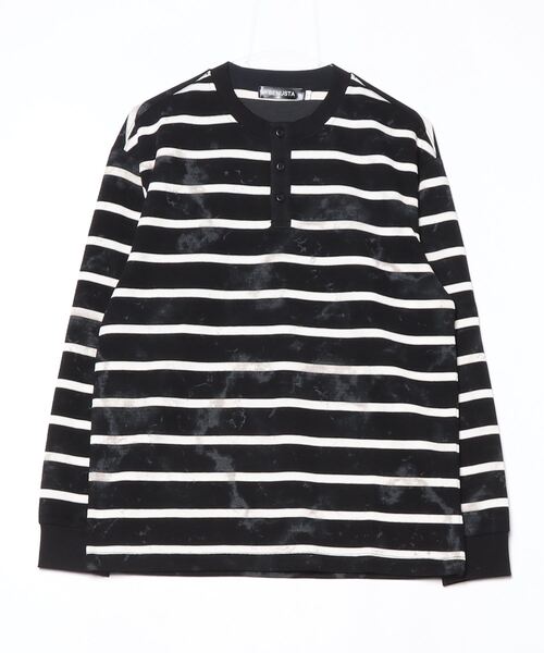 BENUSTA(ベヌスタ)の「A'GEM/9 × .kom 『BENUSTA /ベヌスタ』Washed Border Henley Neck Long Sleeve /ウォッシュドボーダーヘンリーネックロングスリーブ(Tシャツ/カットソー・メンズ・ベージュ/ブラック・XL/L)」の9枚目の写真
