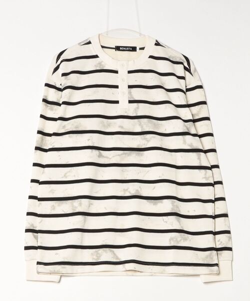 BENUSTA(ベヌスタ)の「A'GEM/9 × .kom 『BENUSTA /ベヌスタ』Washed Border Henley Neck Long Sleeve /ウォッシュドボーダーヘンリーネックロングスリーブ(Tシャツ/カットソー・メンズ・ベージュ/ブラック・XL/L)」の11枚目の写真