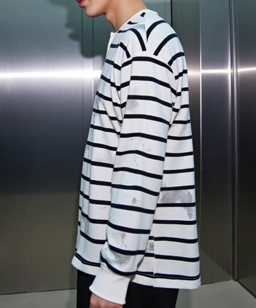BENUSTA(ベヌスタ)の「A'GEM/9 × .kom 『BENUSTA /ベヌスタ』Washed Border Henley Neck Long Sleeve /ウォッシュドボーダーヘンリーネックロングスリーブ(Tシャツ/カットソー・メンズ・ベージュ/ブラック・XL/L)」の8枚目の写真