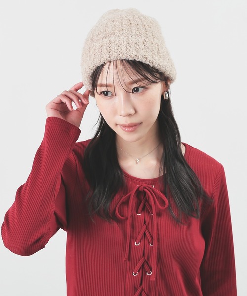 Honeys（ハニーズ）の「ブークレニット帽（ニットキャップ/ビーニー・レディース・ライトグレー系/ベージュ系/パープル/アイボリー/ヘザーチャコール・FREE）」の20枚目の写真