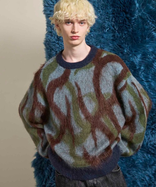 UNISEX》Tribal Pattern Mohair Shaggy Prime-Over Knit Pullover
