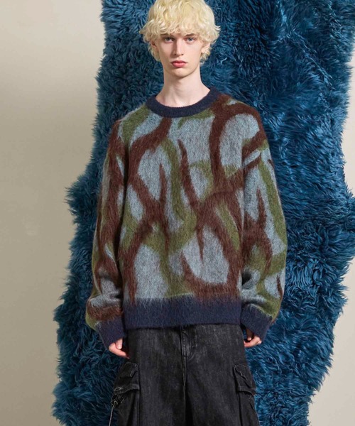 UNISEX》Tribal Pattern Mohair Shaggy Prime-Over Knit Pullover