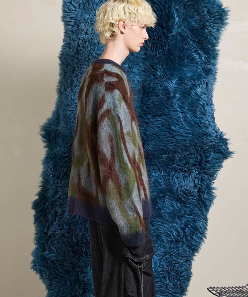UNISEX》Tribal Pattern Mohair Shaggy Prime-Over Knit Pullover
