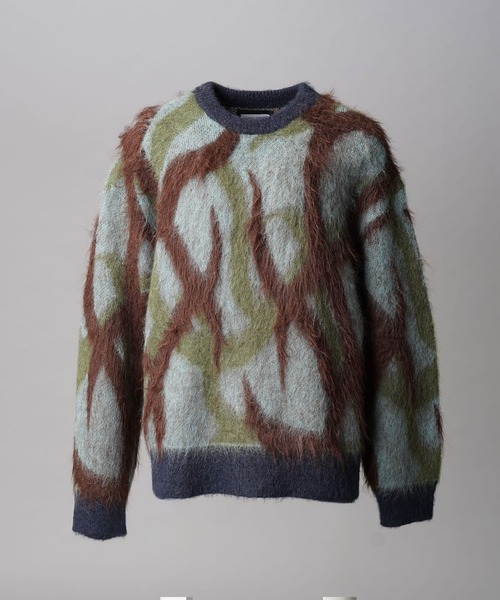 UNISEX》Tribal Pattern Mohair Shaggy Prime-Over Knit Pullover