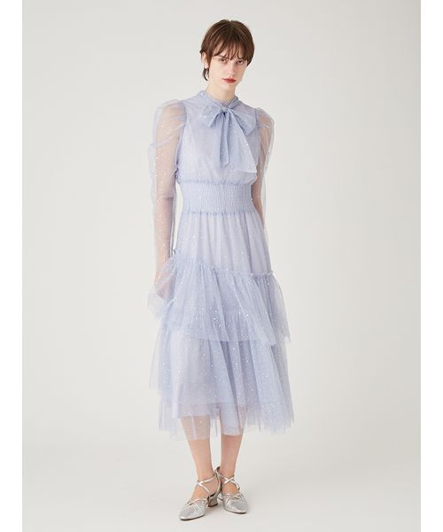 美品　ファーファー　ラメチュールドレス　ティアード ロング　ボウタイリボン 美品 ファーファー ラメチュールドレス ティアード ロング ボウタイ