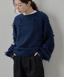 モヘアタッチダメージ風フリンジニット