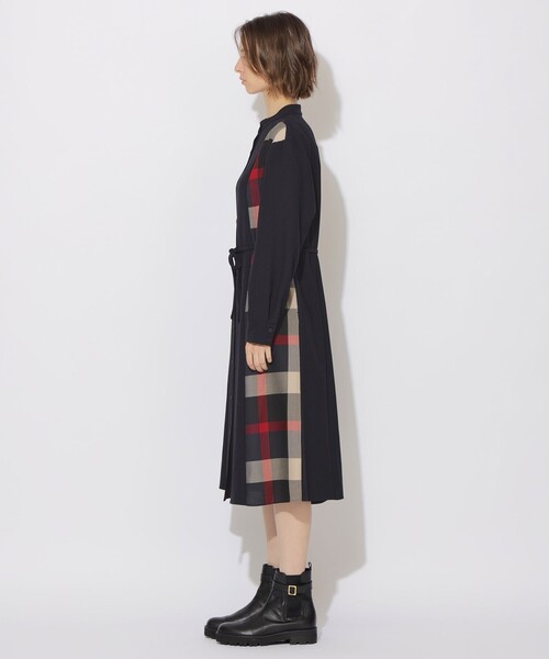 セール】サイドチェック切替ラウンドネックワンピ－ス（ワンピース